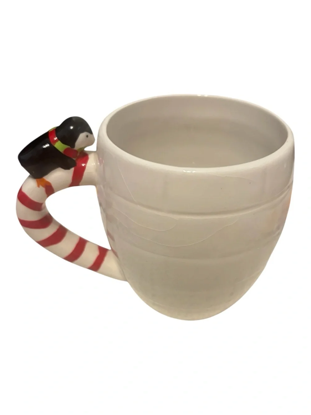 Pier 1 White Ceramic mug with Penguins and Red-Striped Handle- great condition